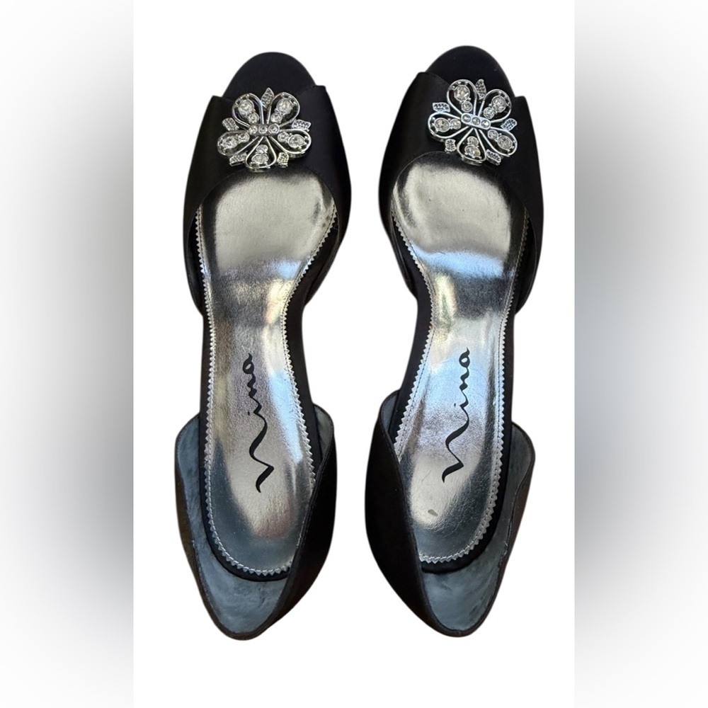 Nina black satin D'Orsay heels with a crystal floral embellishment Size 38​